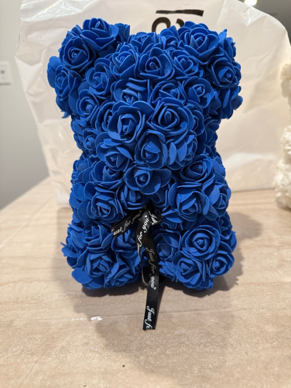Blue Rose Teddy Bear Sculpture - Floral Decor